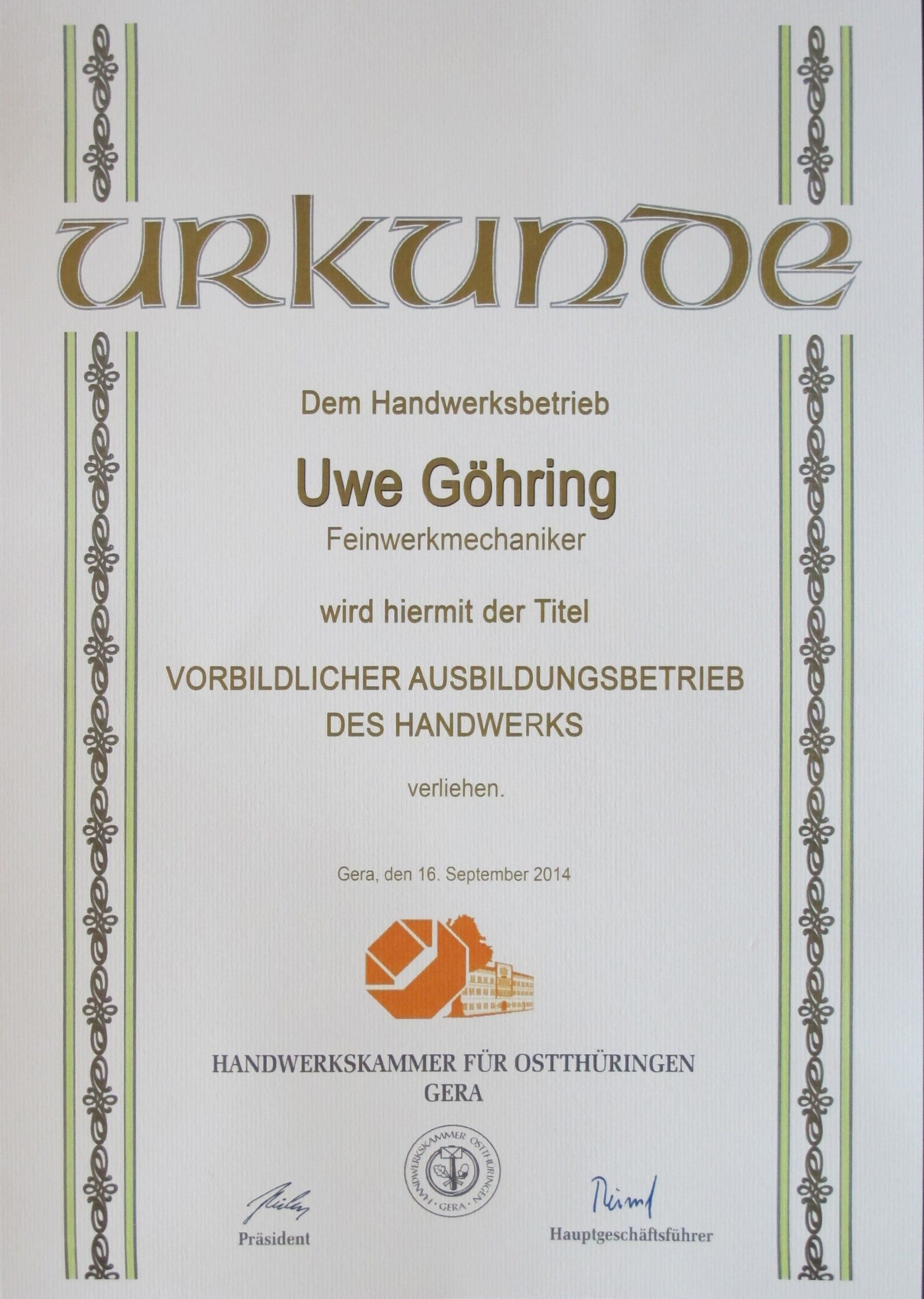 Urkunde: Vorbildlicher Ausbildungsbetrieb des Handwerks (HWK)